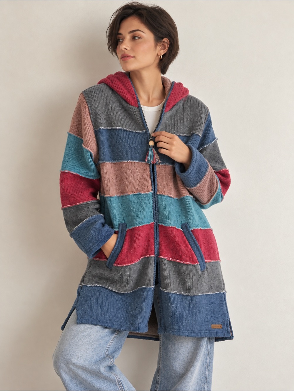 NWT Laundromat 100% Wool Patchwork Knit Hooded Long Cardigan Jacket Boho